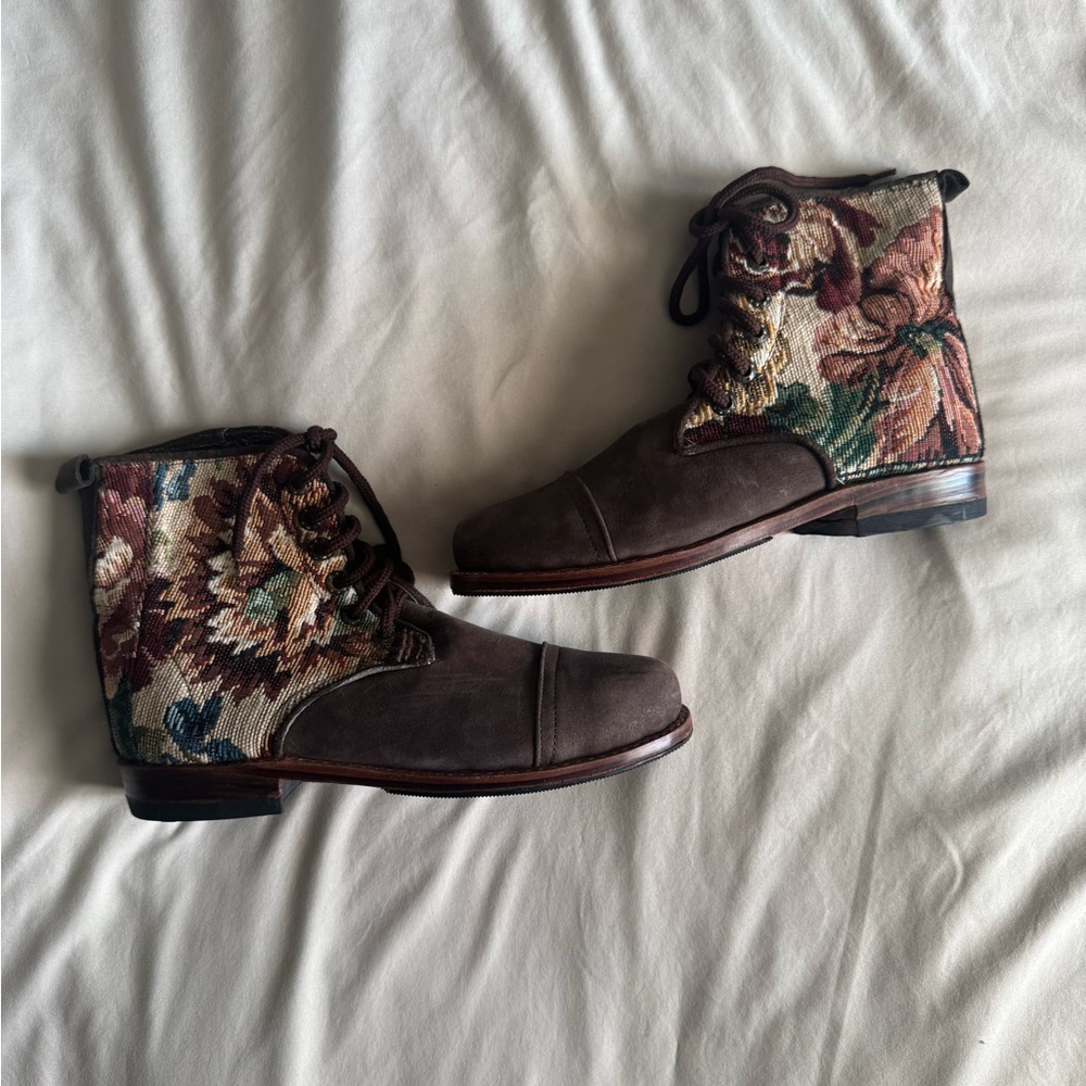 Handmade Brown Floral Lace Up Boots